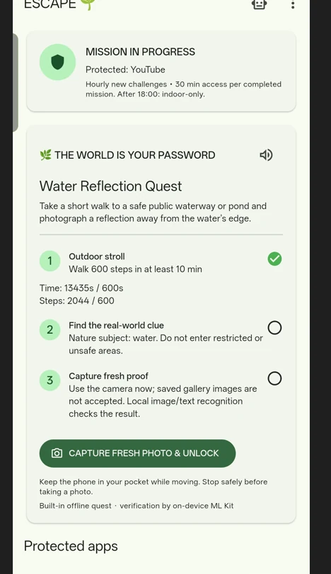 Real Android screenshot of ESCAPE displaying a nature quest, step progress, and the photo-proof action